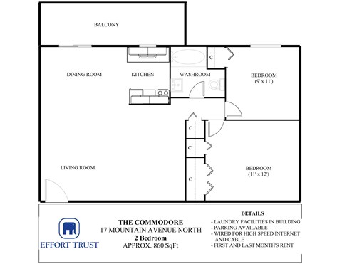 A floor plan for a 2 bedroom apartment at The Commodore shows a living room, dining room, kitchen, two bedrooms, a balcony and a washroom.